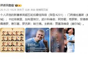 已赛5轮！詹俊评英超最佳阵：曼城3人 阿森纳、切尔西、赫尔城2人