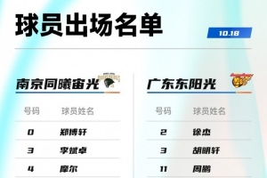广东VS同曦大名单：徐杰胡明轩崔永熙在列 杜润旺战旧主